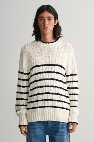 Striped Cable Neck Sweater In Cotton Linen