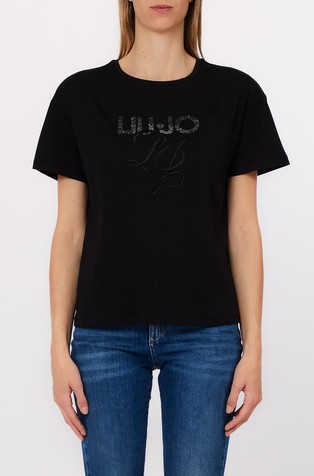 T-shirt with logo and rhinestones appliqués