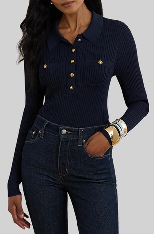 Rib-knit Long-sleeve Polo Sweater