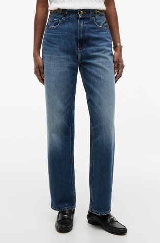 Jeans hlače s visokim strukom i metalnim detaljima zastavice