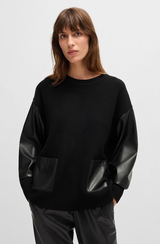Wool sweater with faux-leather sleeves