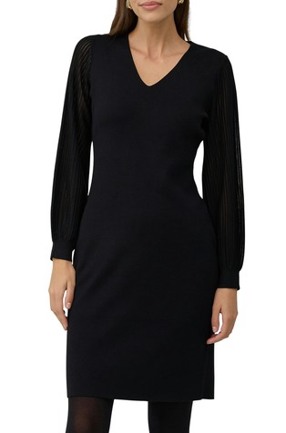 Figure-flattering knit dress with striped sleeves