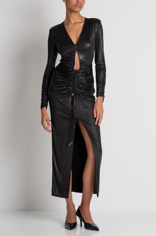 Slim fit duga haljina od premazane tkanine s prorezom sprijeda