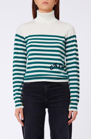 Striped Turtleneck Sweater with Embroidery