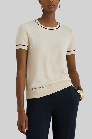 Knit Short-sleeve Sweater with Contrast Trims