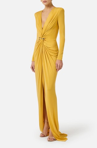 Red Carpet dress in cupro jersey fabric with jewel logo