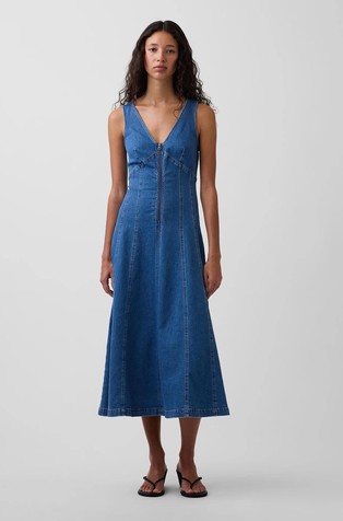 Denim Zip-Front Midi Dress