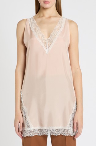 Long silk top with lace inserts