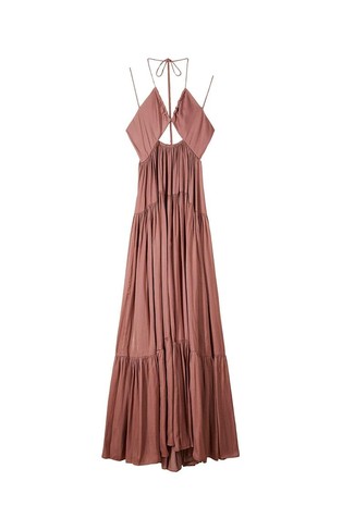 Long satin dress with flounces and cut-out