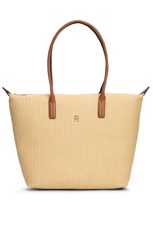 Raffia-effect tote with leather trims