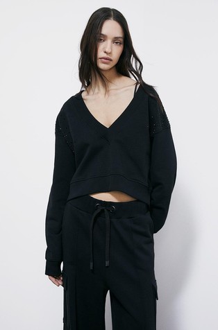Cropped deep V-neck sweatshirt with rhinestones