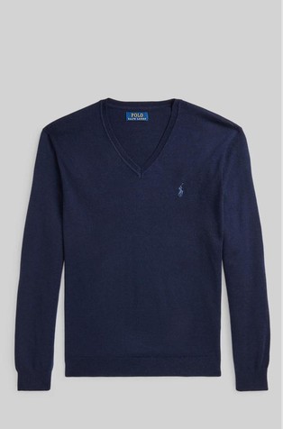 Slim fit pleten vuneni pulover s V-izrezom