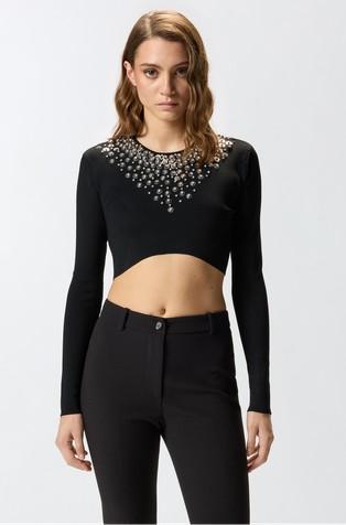 Cropped pletena majica s ukrasnim kamenčićima