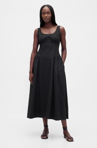 Linen-Blend Shirred Maxi Dress