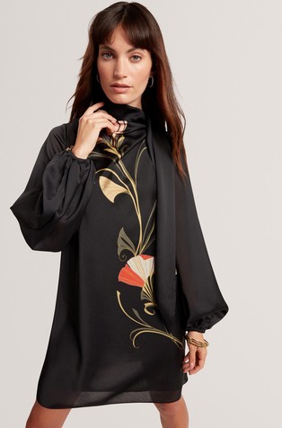 Nouveau Print Tie Neck Long Sleeve Mini Dress