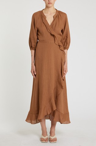 Lanena midi haljina na preklop