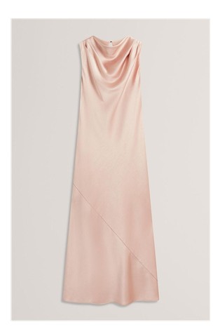 High Cowl Neck Satin Midi Dress