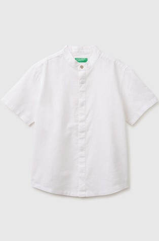 Short-sleeved linen blend shirt with mandarin collar