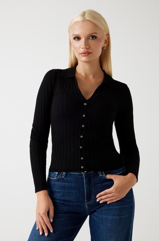 Rib-knit cardigan with polo collar