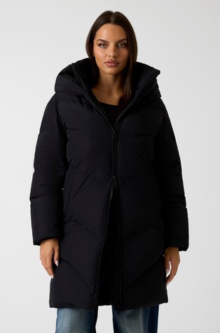 Long hooded down jacket with hood