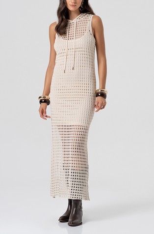 Openwork knit hooded long dress