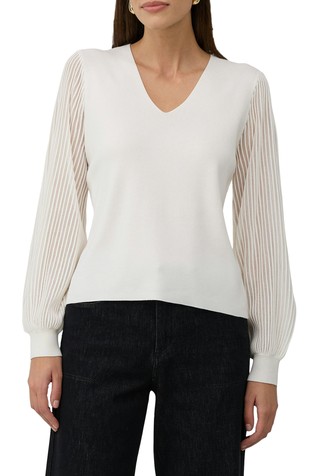 Fine knit sweater with a v-neckline and semi-sheer sleeves