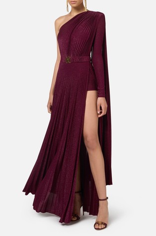 One-shoulder red carpet dress in pleated lurex jersey