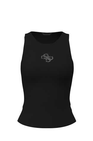 Rib-knit top with rhinestoned logo