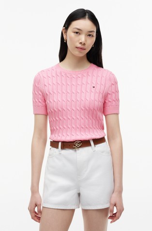 Short-sleeved cotton knit sweater