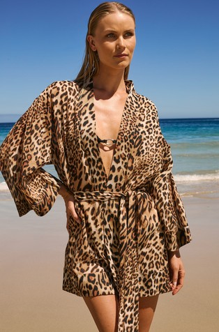 Beastly Beach leopard print cotton kimono