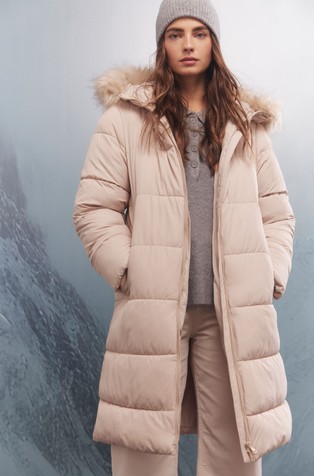 Padded coat with hood and faux-fur