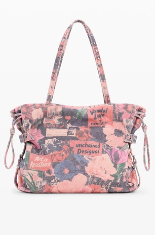 Large floral printed denim bag