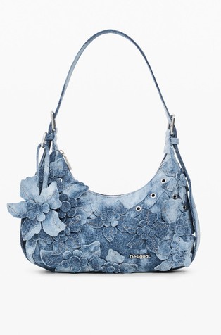 Denim shoulder bag with floral applications