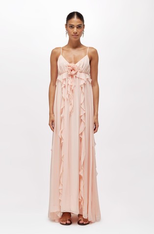 Long georgette dress with ruffles and rose detail