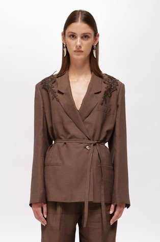 Viscose and linen blend blazer with embroidery