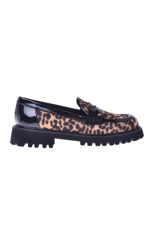 Printed suede loafers with patent insert