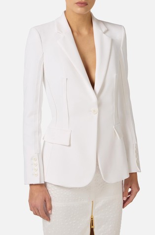 Trousers in double layer stretch crêpe fabric with raw-edge trims