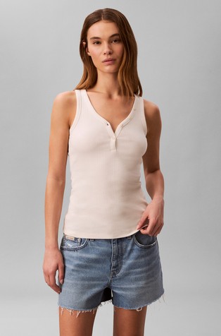 Slim fit rebrasta majica bez rukava s henley ovratnikom