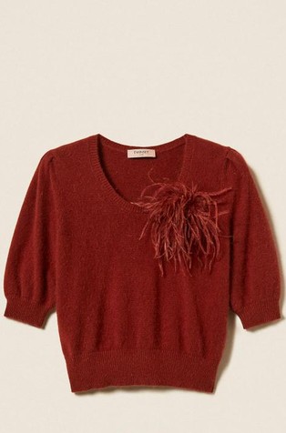 Knit short-sleeved jumper with brooch