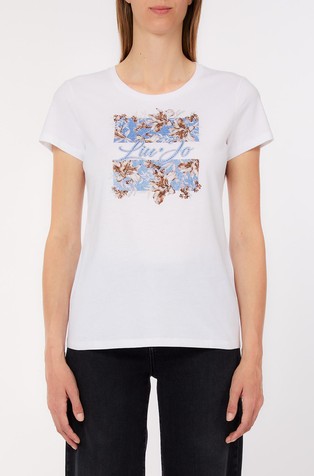 Printed cotton T-shirt with rhinestones