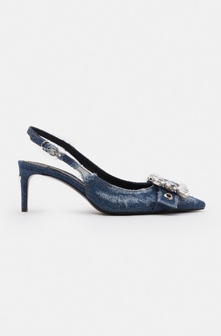 Patchwork Lollo denim slingbacks with rhinestone buckle