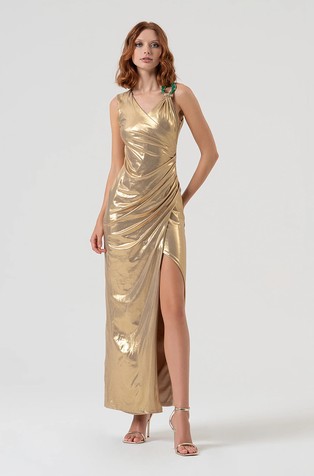 Slim fit duga haljina od laminirane tkanine