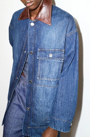 Denim shacket with leather collar