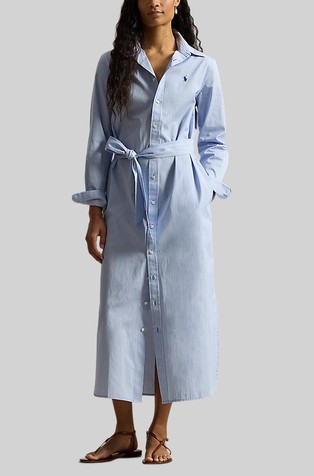 Prugasta pamučna košulja-haljina s trakom za vezanje