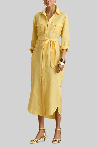Lanena midi košulja-haljina s trakom za vezanje