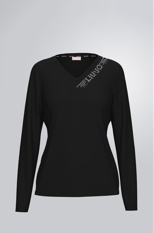 Cotton long-sleeved top with rhinestones