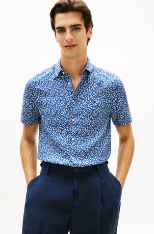 Tropical-print Short-sleeved Linen Shirt