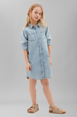 Denim košulja-haljina dugih rukava s trakom za vezanje