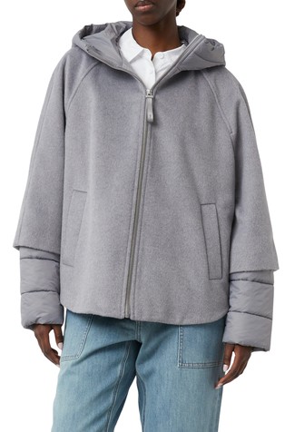 Široka jakna od mješavine vune s prošivenom kapuljačom i rukavima