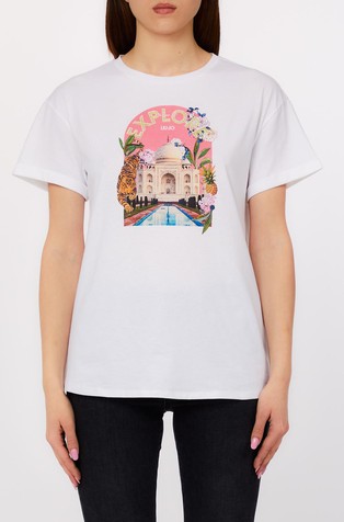 Printed cotton T-shirt with rhinestones